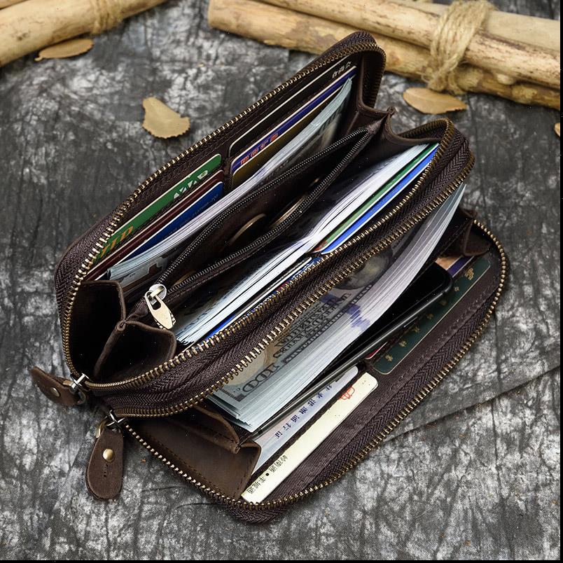 

men double zipper crazy horse leather long wallet 24 card holder big zip around clutch purse phone coin pocket, Red;black