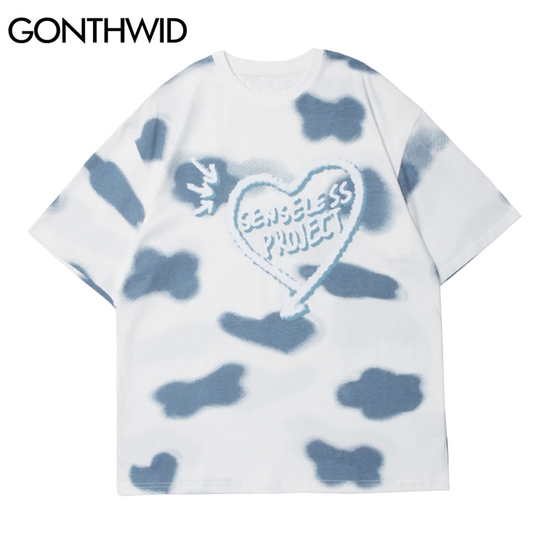 

T-Shirts Hip Hop Streetwear Men Tie Dye Heart Print Short Sleeve Tshirts Cotton Harajuku Casual Tees Shirts Loose Tops 210602, White