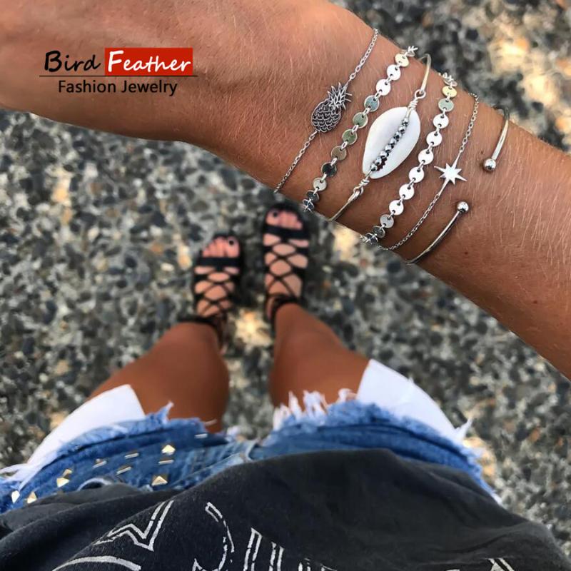 

Link, Chain Silver Color Bohemian Handmade Weave Pineapple Stone Bracelet Sets Women 2021 Rope Bracelets Retro Jewelry Accessories, Black