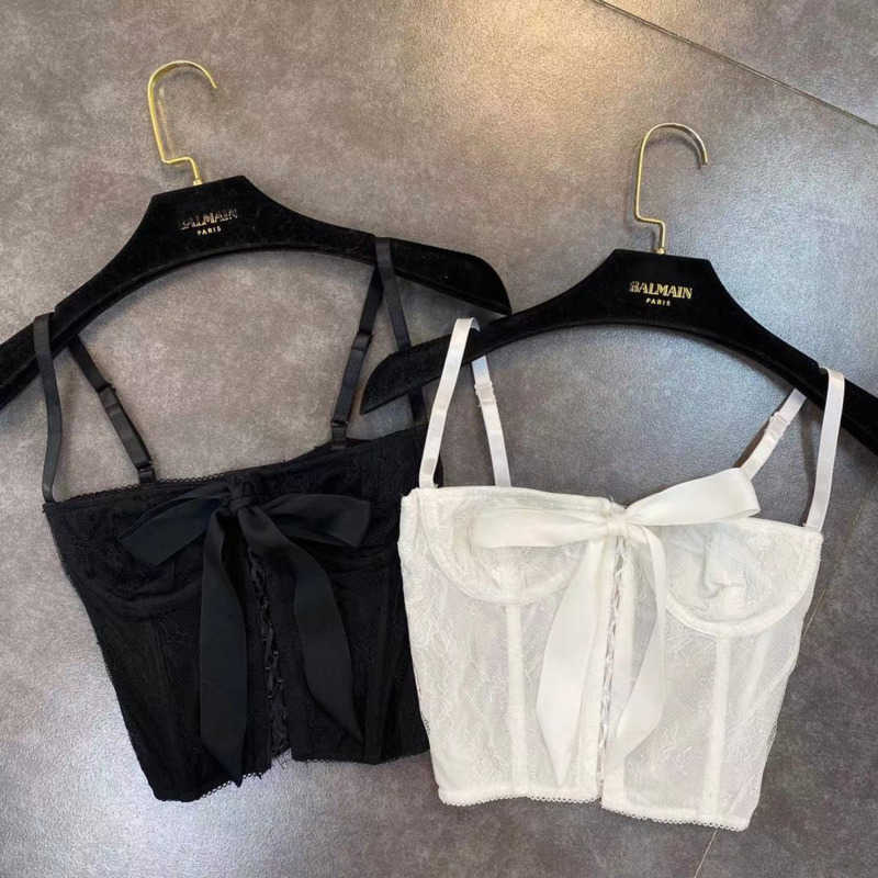 

DEAT Spring Arrivals Sleevelsss Lace Bow Sext Short Tank Tops Women ML626 210616, White