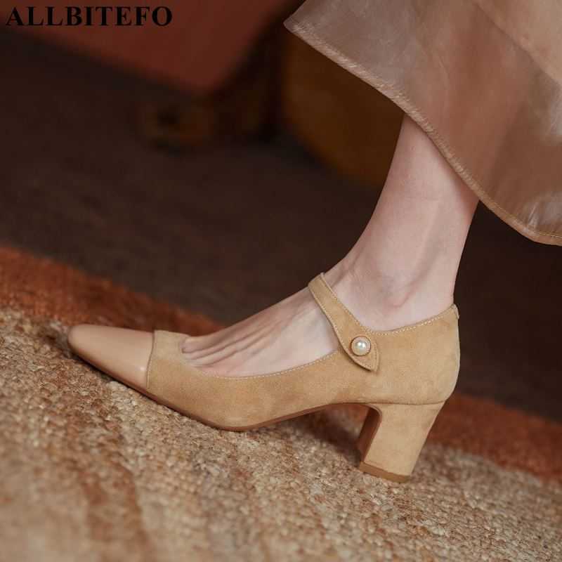 

ALLBITEFO thick heel comfortable natural genuine leather women pumps fashion leisure women heels high heel shoes basic shoes 210611, As picture