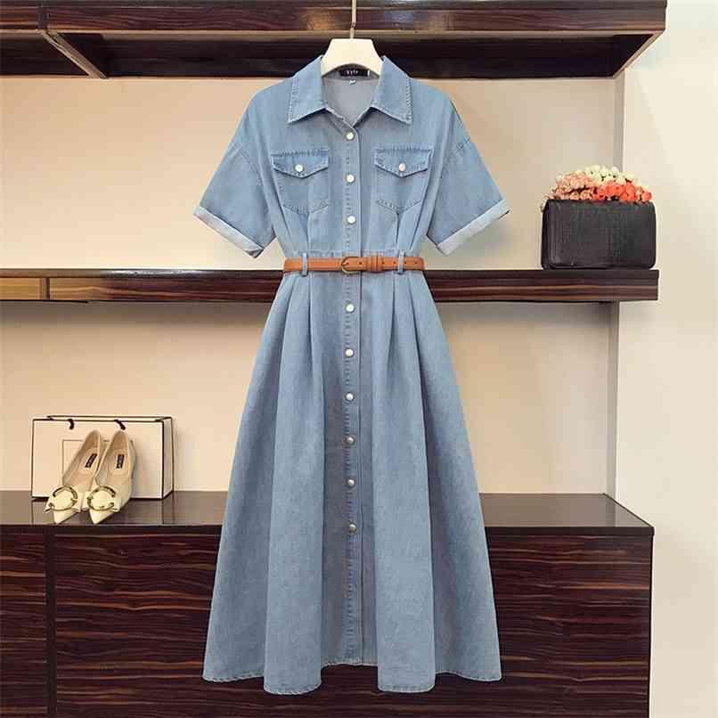 

Light Blue Short-sleeved Denim Shirt Dress Women Summer Korean Mid-length Single-breasted Belt Plus size -4XL 210602