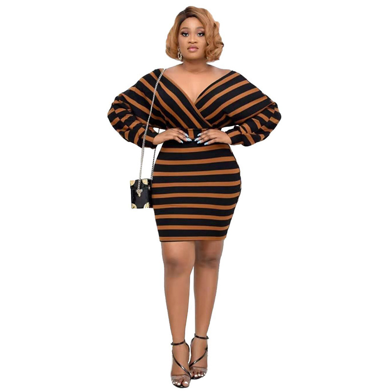 

striped stitching front and rear big V-neck commuter dress with belt high quality sexy fashion loose and comfortable commuting, Black;gray