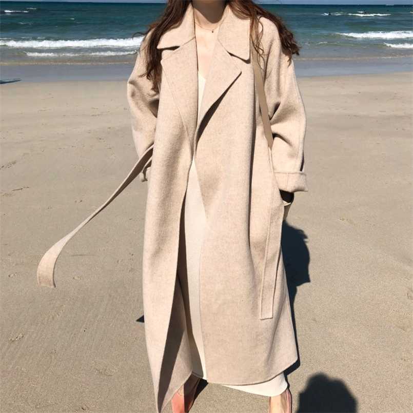 

Korean Vintage Woolen Jackets Coats For Women Autumn Winter Long Coat Wool With Belt Solid Female Casual Overcoat Clothes 211110, Oat color