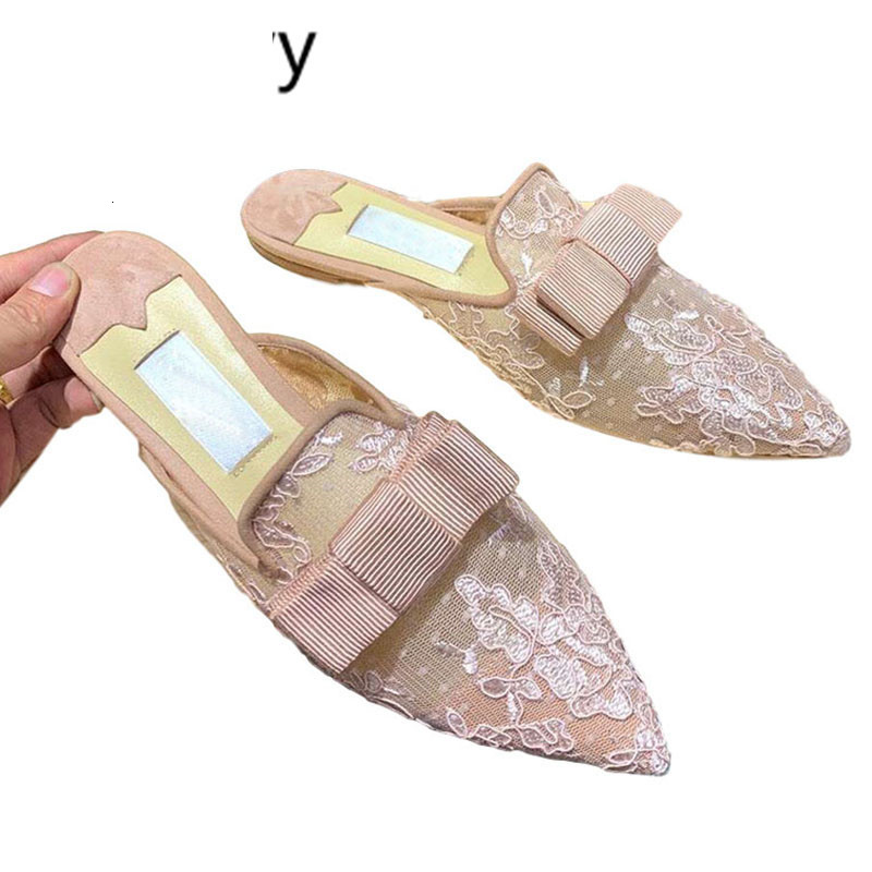 

Sandals Pointed toe Flipflops Lazy Mulles butterfly knot bowtied decor Shoes embroidery lace flat heel slippers outdoor loafers VS, Black