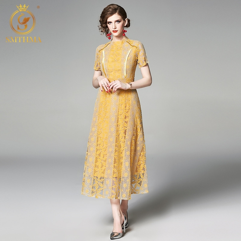 

Summer Hollow Out Women Lace Long Dresses Fashion Short Sleeve Big Swing Elegant Party Vestidos 210520, Photo color