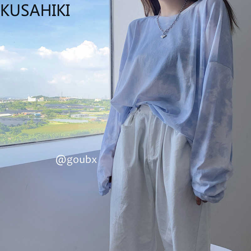 

KUSAHIKI Tie Dye Long Sleeve Suncreen T Shirts Women Spring Summer Graphic Tees Causal Korean Loose Tops Shirt 6F741 210602, Photo color