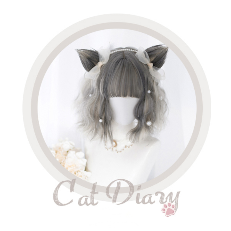

Costume Accessories Daily Harajuku lolita wig cat diary cat ear silver gradient long curly sweet cute student girl women Gray maroon bro, Short ear