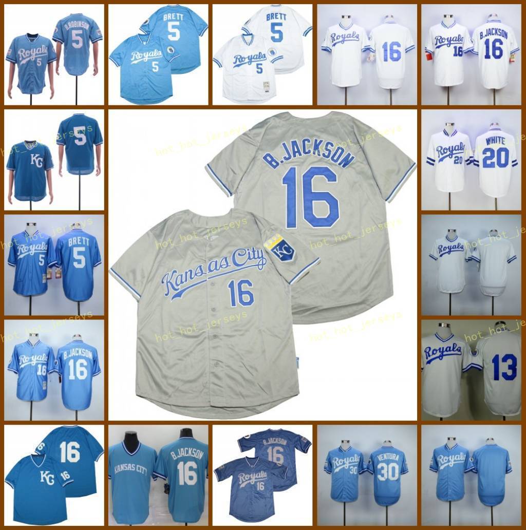 

Retired 16 Bo Jackson Baseball Jersey 5 George Brett 13 Salvador Perez 20 WHITE 30 Yordano Ventura 1985 1987 Vintage Retro Cooperstown Mesh, Men