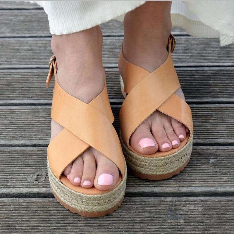 

Dress Shoes Women Summer Beach Sandals Mid Heels Wedges Woman PU Leather Plus Size Gladiator Sandalias Mujer Sapato Feminino D116, Yellow