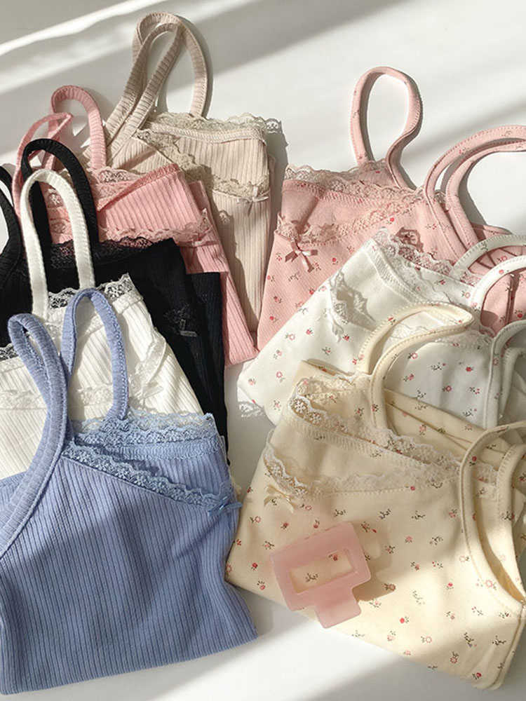 

Camisole women's tops Summer short tops Vintage lace slim warm joker ladies bottoming cute tops for women Camis 210616, Print-pink