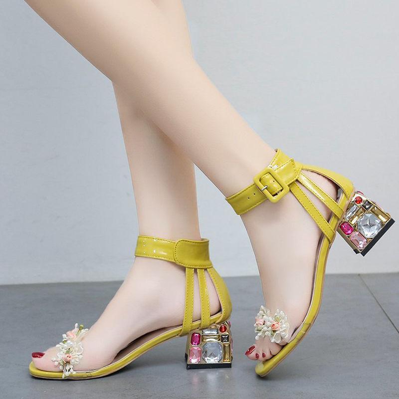 

Sandals Women's Diamond High-heeled Sandals, Ankle Buckle Shoes, Openings, Yellow And Beige, Summer, 2021