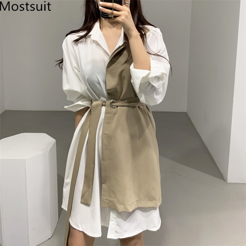 

Fake Two Pieces Color-blocked Stylish Women Dress With Belt Spring Full Sleeve Turn-down Collar Shirt Dresses Vestidos 210518, White and khaki
