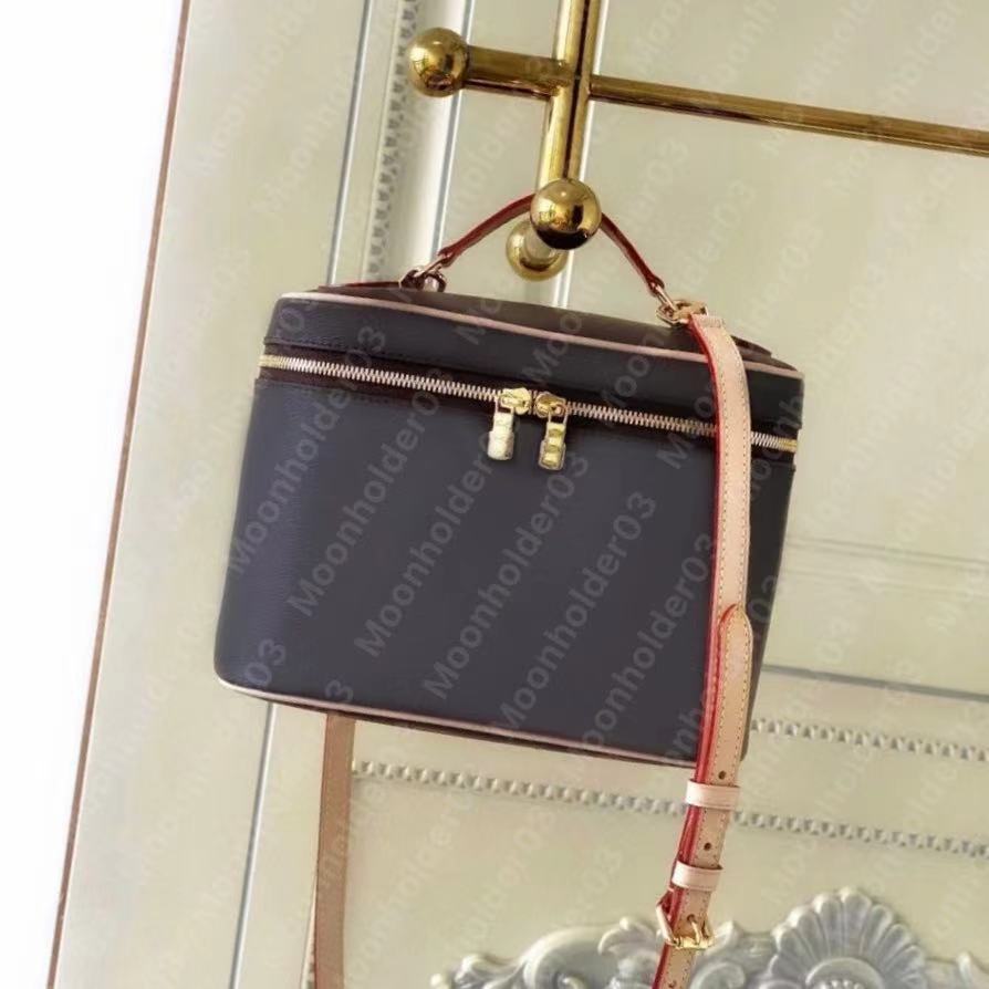 

Luxury Cosmetic bags makeup case box handbags Designer lady Bucket bag classic make up Trunk Pouch leather women vanity shoulder Tote handbag purse 42265, Brown flower