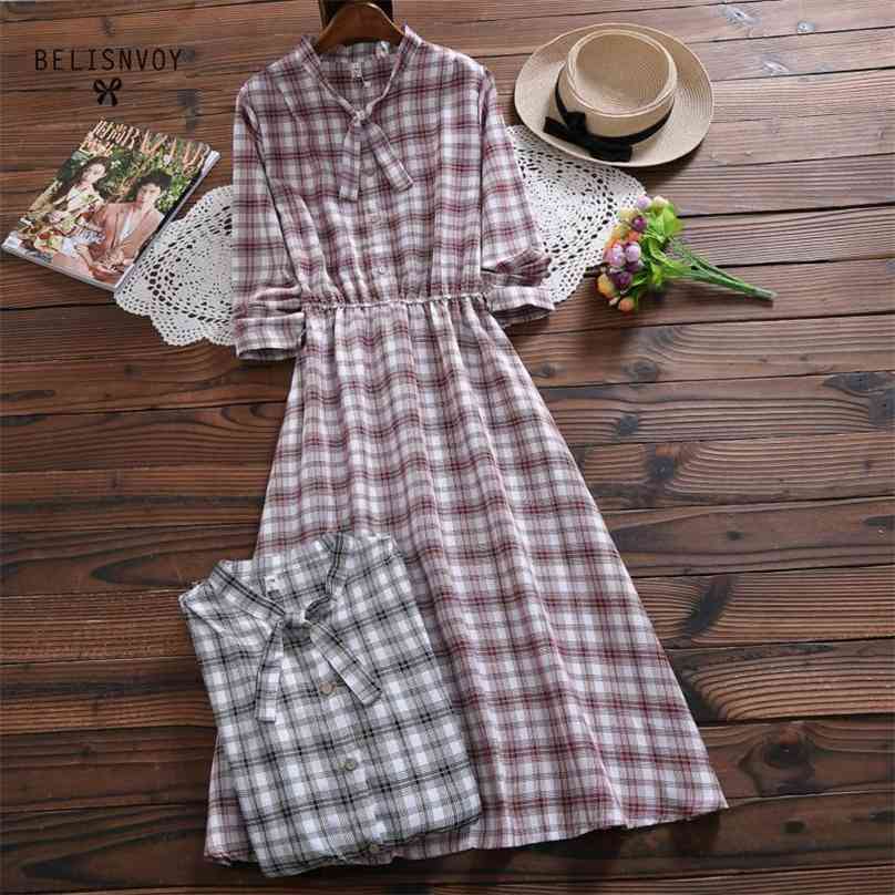 

Japanese Mori Girl Long Dress Spring Autumn Lady Bowknot Cotton Linen Vintage Vestido o Women Sleeve Plaid Dresses 210520, Black