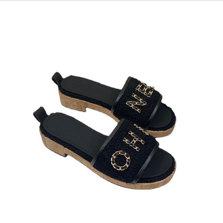 

Summer flip flop Women 1in High Heels Leather Platform Mules Sandals Slippers with Tweed pearl Green, Pink & Yellow size 35-41, Black