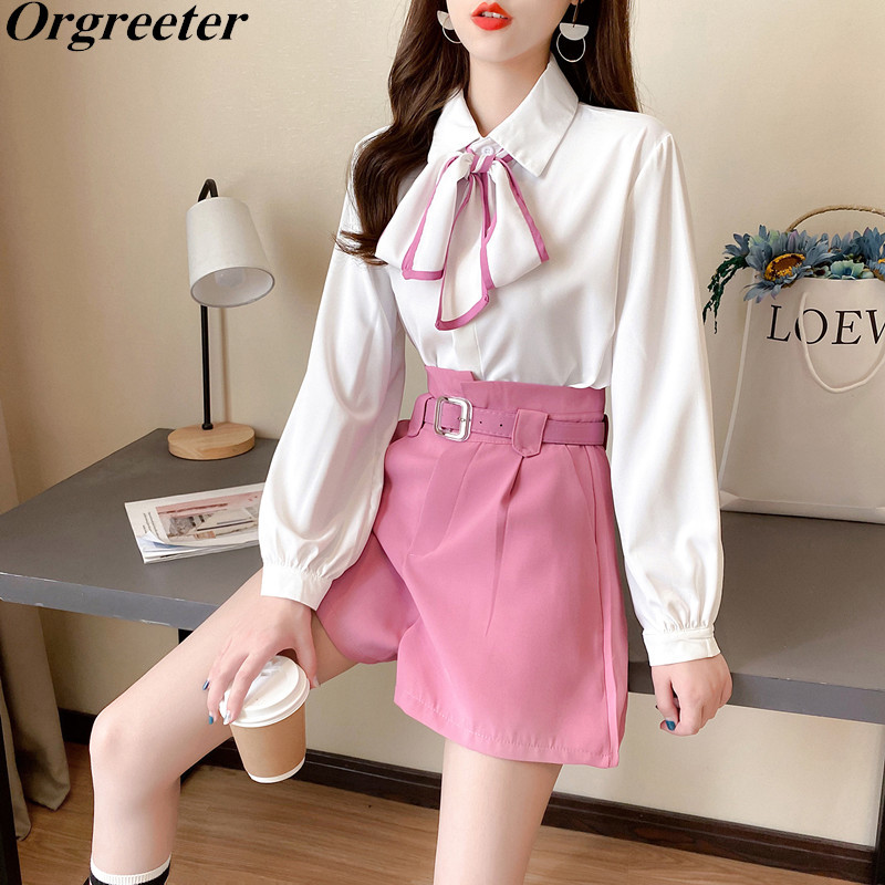 

Tempeament Ladies Pink 2 piece set Female Spring Bow Tie Lapel White Shirt + High Waist Wide leg Pants Suits With Belt 210525