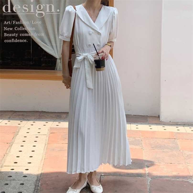 

Gentle Retro Solid V-Neck Elegant Summer Vintage Party Sweet Office Lady Pleated Loose Women Chic Long Dresses 210525, Apricot