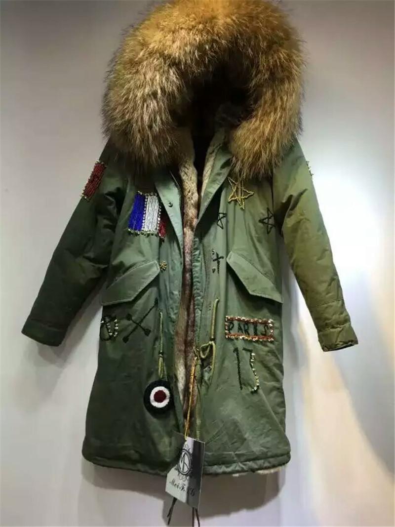 

Women's Fur & Faux France Beading Design Large Raccoon Collar Hood Parka Lined, Inside Long Jacket Furs, Black