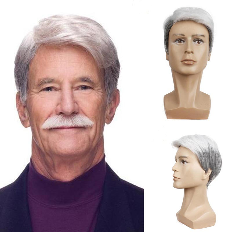Husband Wigs Ombre Hair Grandpas Wig Father Short Hair Wig Partial Bangs Handsome Mens Wig Daddy Grey Color Gradient Wigs-image-733536472