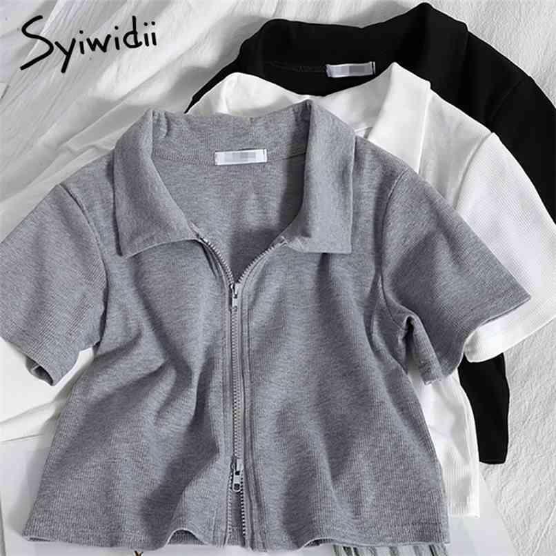 

Casual Woman Tshirts Turn-down Collar Zipper Summer Korean White Black Gray Short Sleeve Slim Harajuku Tops 210607
