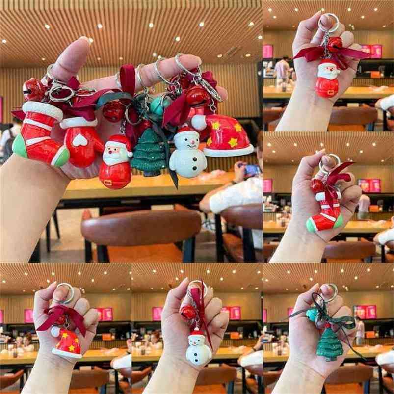

Christmas Xmas Kids Cartoon Key Ring Gifts Santa Claus Xmas Tree Stocking Gift Sock Gloves Hat Snowman Resin Bag Charm Key Metal Circle with Bell Ribbon Bow G809X6E