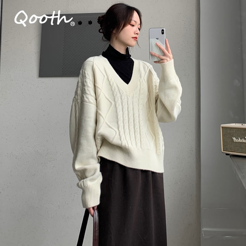 

Qooth Vintage Winter Thick Twist Weave Women Sweater V Neck Full Sleeve Pullovers Warm Knitted Loose Jumper Sweaters QT252 210518, Gray