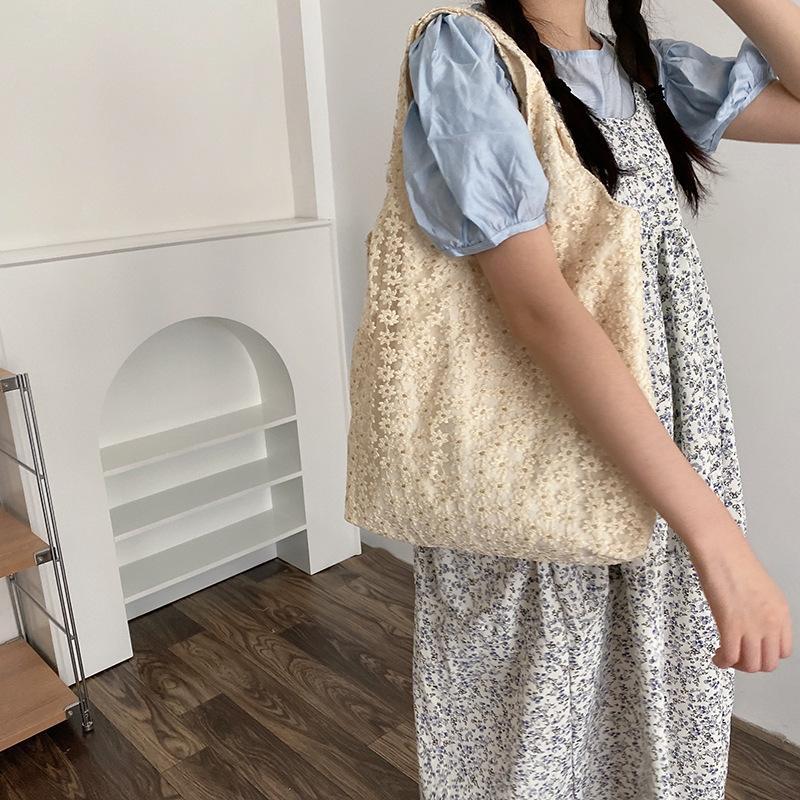 

Evening Bags Silk Mesh Women Canvas Shoulder Bag Embroidery Flowers Coth Handbag Casual Tote Students Books Eco Shopping For Girls