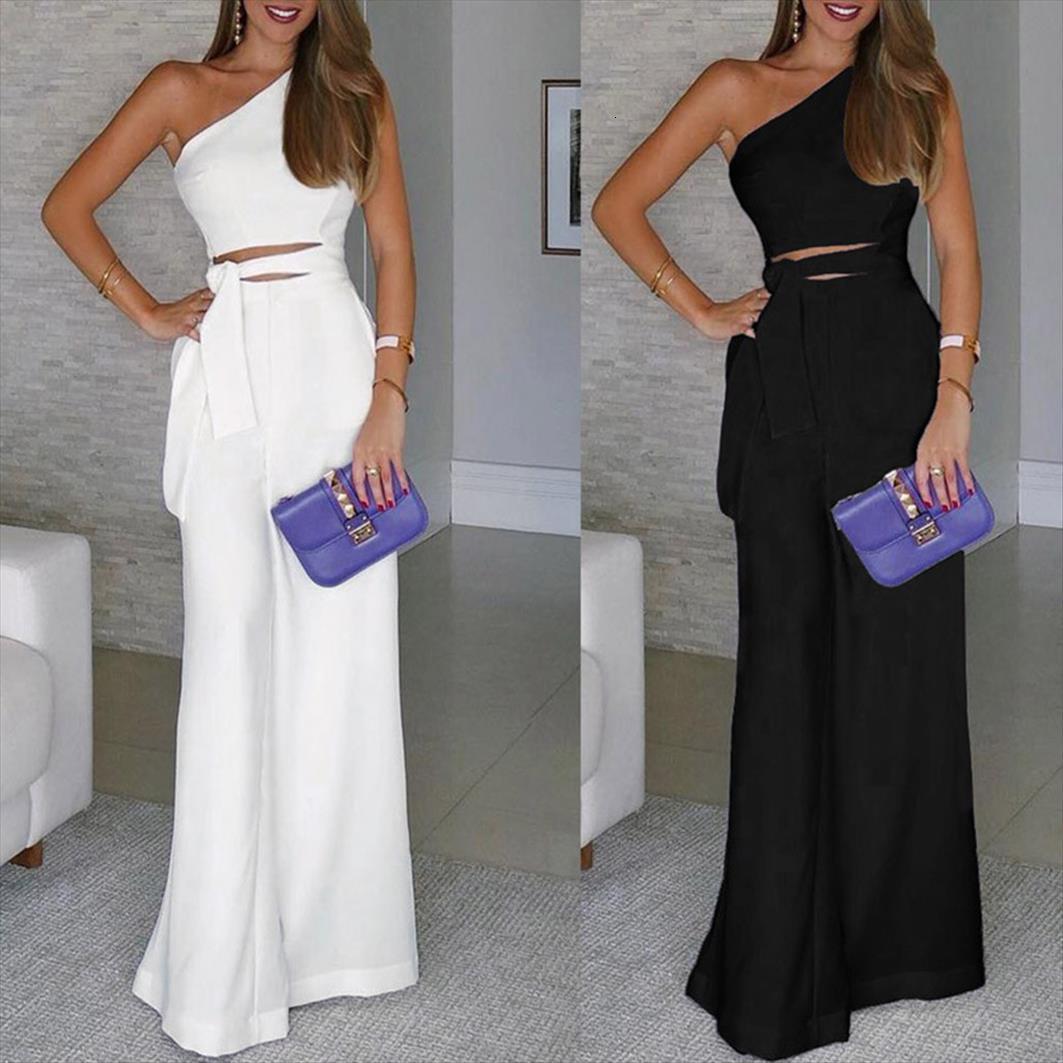 

one shoulder summer women jumpsuit sleeveless belt wide leg elegant lady plus size bodycon jumpsuits black 25, Black;white