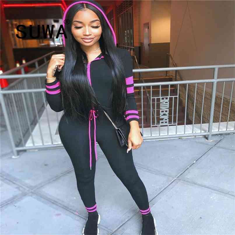 

Striped Patchwork Casual Joggers Women Set Wholesale Clothes Zipper Long Sleeve Top Tunic + Drawstring Sport Pants Sweat Suit 210525, Black