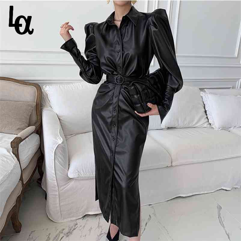 

Women Solid Turn Down Collar Leather Sashe Puff Sleeve Dress Ladys Vintage High Wasit Straight Single Breasted Vestidos 210519, Black