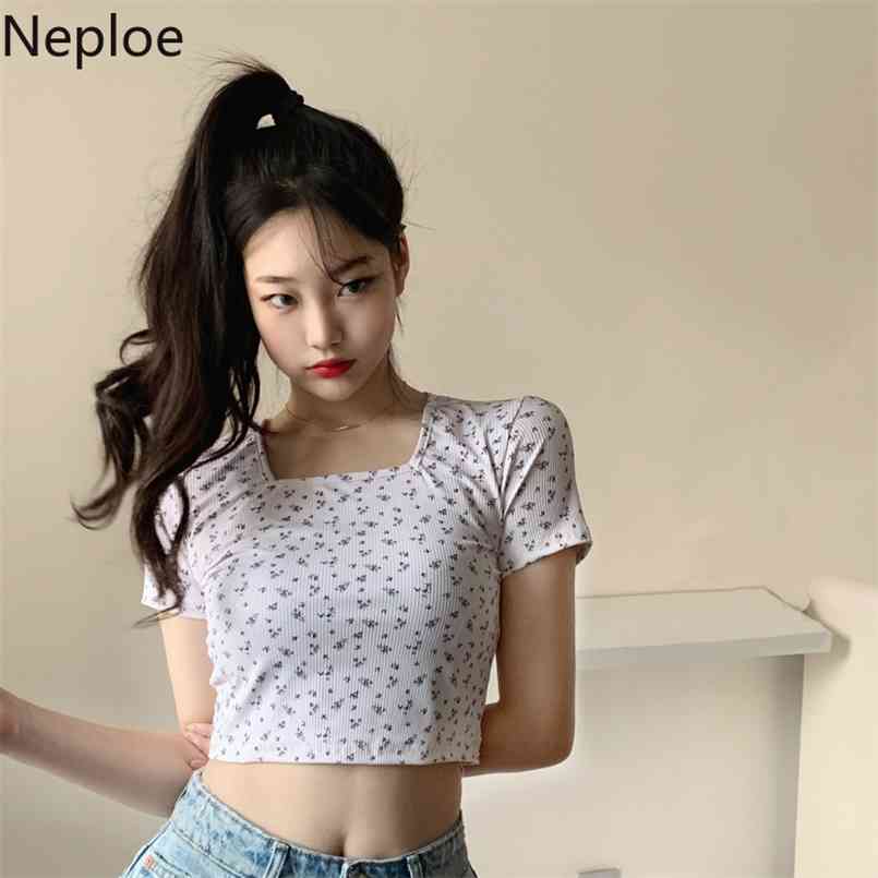 

Neploe Flower Print T Shirts Women Sweet O Neck Short Sleeve Slim Tops Summer Arrival Casual Fashion Ladies Tees 1C999 210708, Light blue