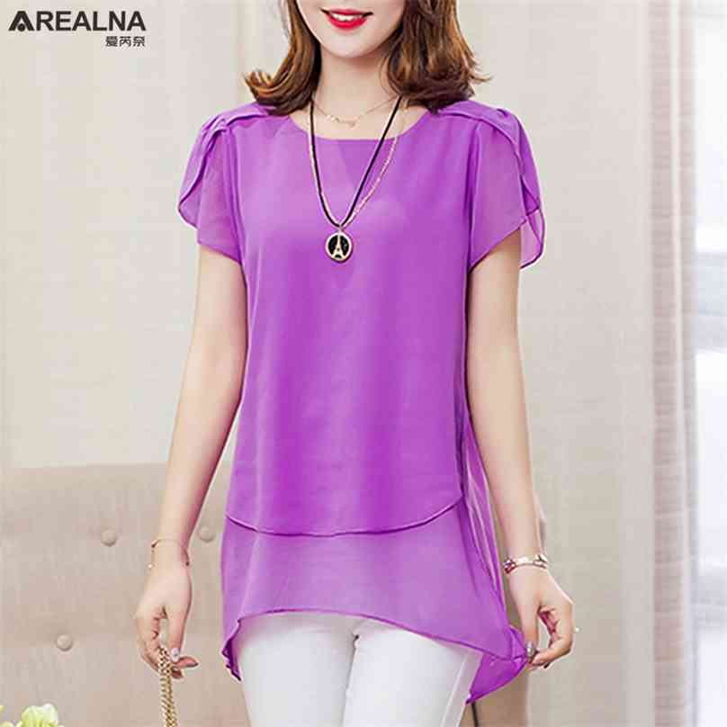 

Korean Style Summer Women Blouses Short Puff Sleeve Loose Oversized Shirt O-Neck Chiffon Blouse Plus Size 5XL Clothes Tops 210719, Blue