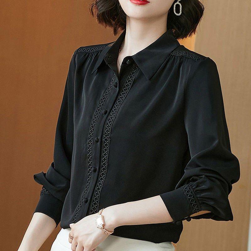 

Women's Blouses & Shirts Large SIze Satin Fashion Retro Black Casual Long Sleeve -Neck Splice Loose Tops Blusas MM0261, White