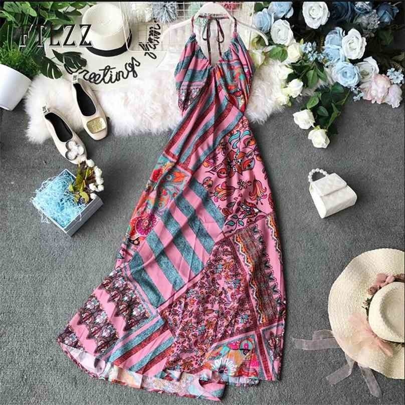 

Women Beach Dress Vestidos Mujer Summer Sexy Bohemia Long Robe Woman Vintage Printed Backless Bodycon Bandage 210525