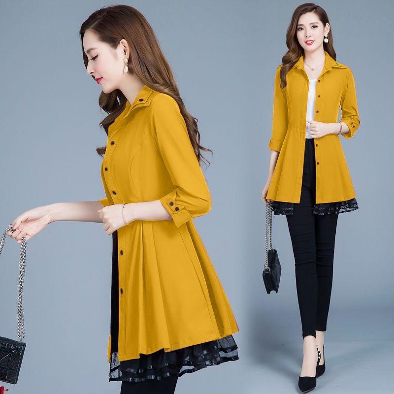 

Women's Trench Coats Women Classic Solid Long Coat Female Thin Three Quarter Sashes Korea Style Lace Outerwear, Khaki
