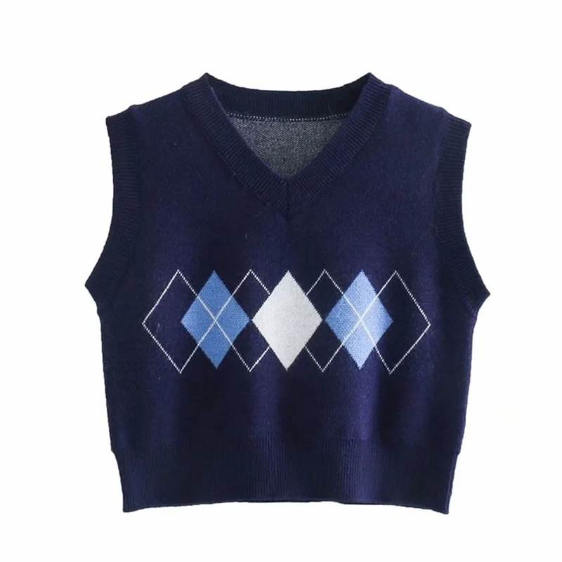 

Retro V Neck Vintage Argyle Sweater Vest Women Sleeveless Plaid Knitted Crop Sweaters Casual Autumn Preppy Style 210520, As picture