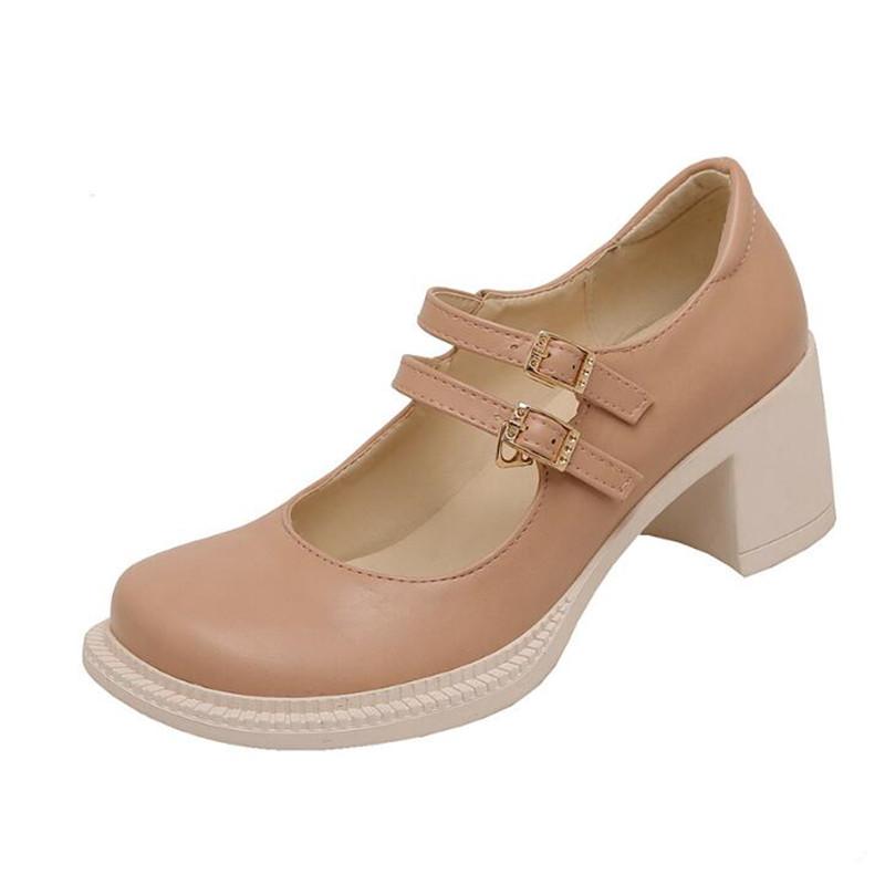 

Casual Female Mujer Sapato Feminino Women Pumps Chunky High Heels Pu Leather Brogues Shoes Woman Lady Ladies Mary Jane Shoe Dress, Beige 301-1