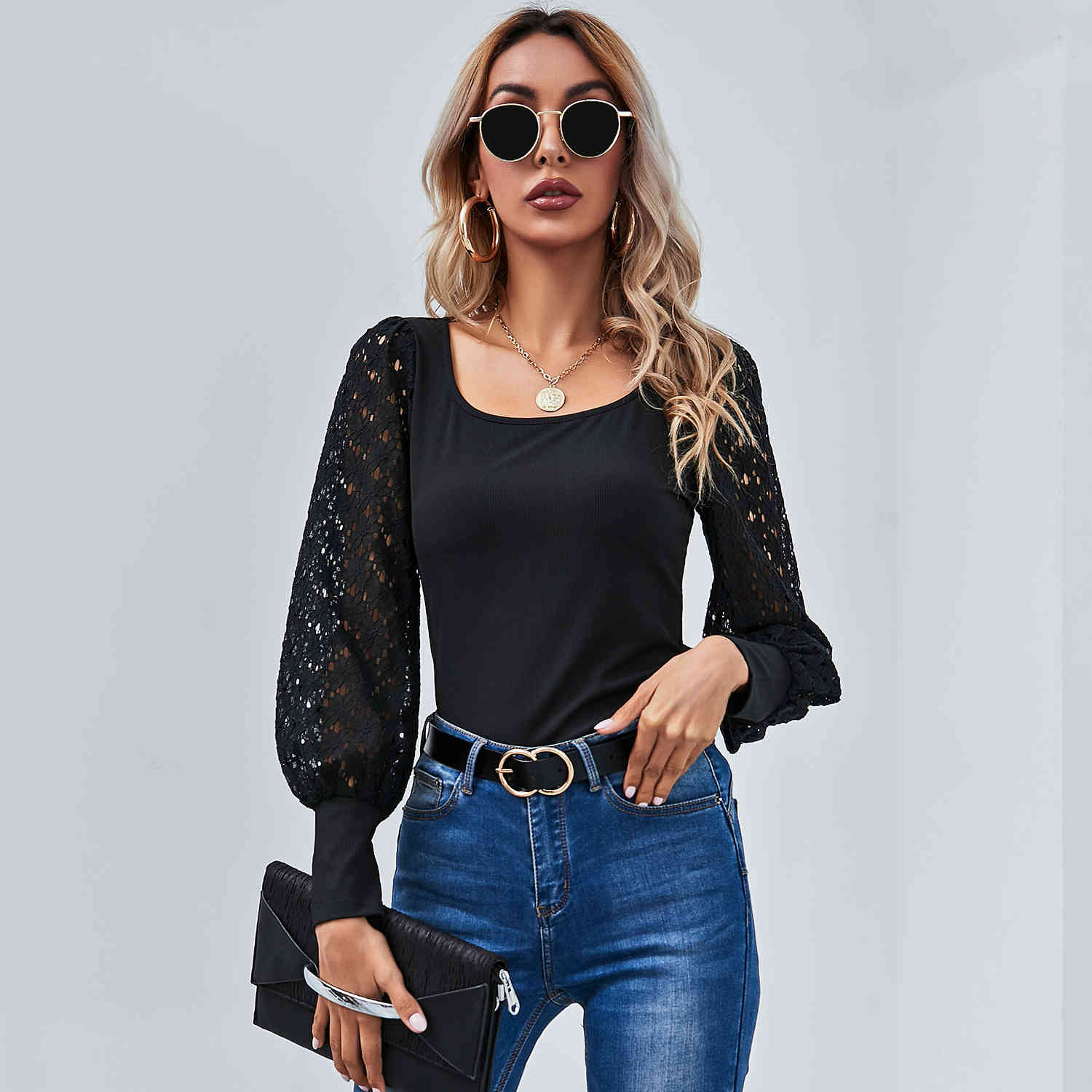 

Women spring summer pullovers shirt fashion Black O-neck lace long sleeve knitted tops 210524