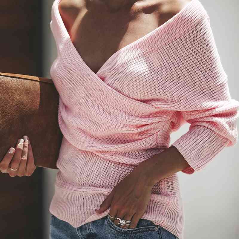 

Sexy Cross V-Neck Sweater Long Sleeve Off The Shoulder Women Knitted Tops Autumn Winter Pullover Backless Pink 210603, Light blue