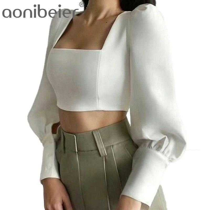

Women Blouses Square Collar Puff Sleeve Crop Top Spring Girls Fashion Solid Color Corset Tops Office Lady Sexy Shirt 210604, White