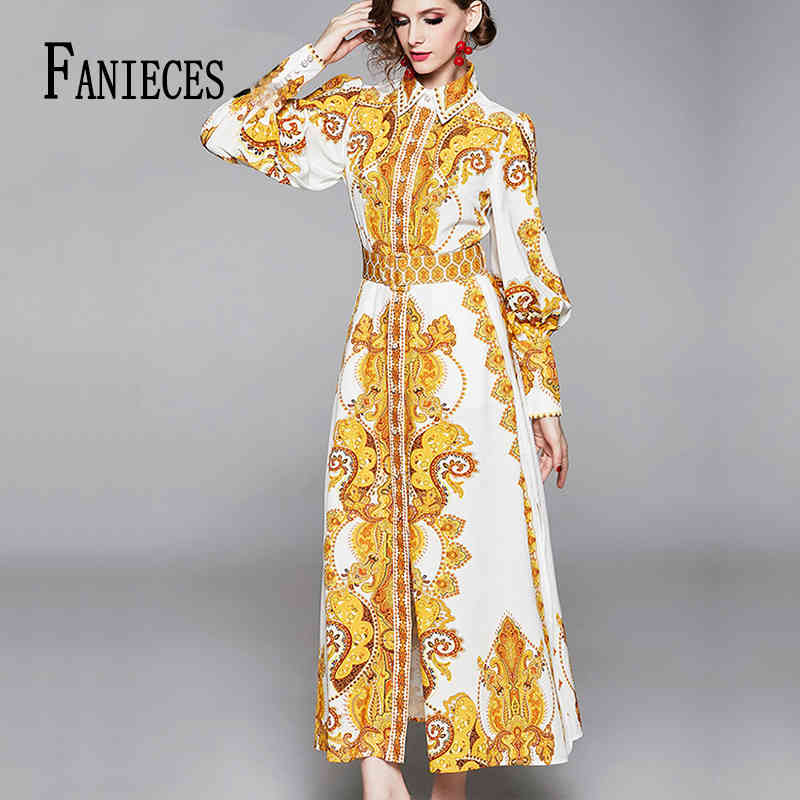 

FANIECES Fall Designer Runway Dress Lady Bow Belt Vintage gold Print Turn-down Collar Long Sleeve Slim Women Mid-Calf Maxi 210520
