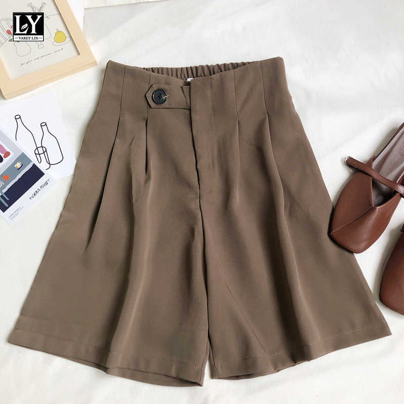 

LY VAREY LIN Summer Office Lady Button Loose Fashion Back White Shorts Women Casual Solid Color High Waist Wide Leg 210526, Black
