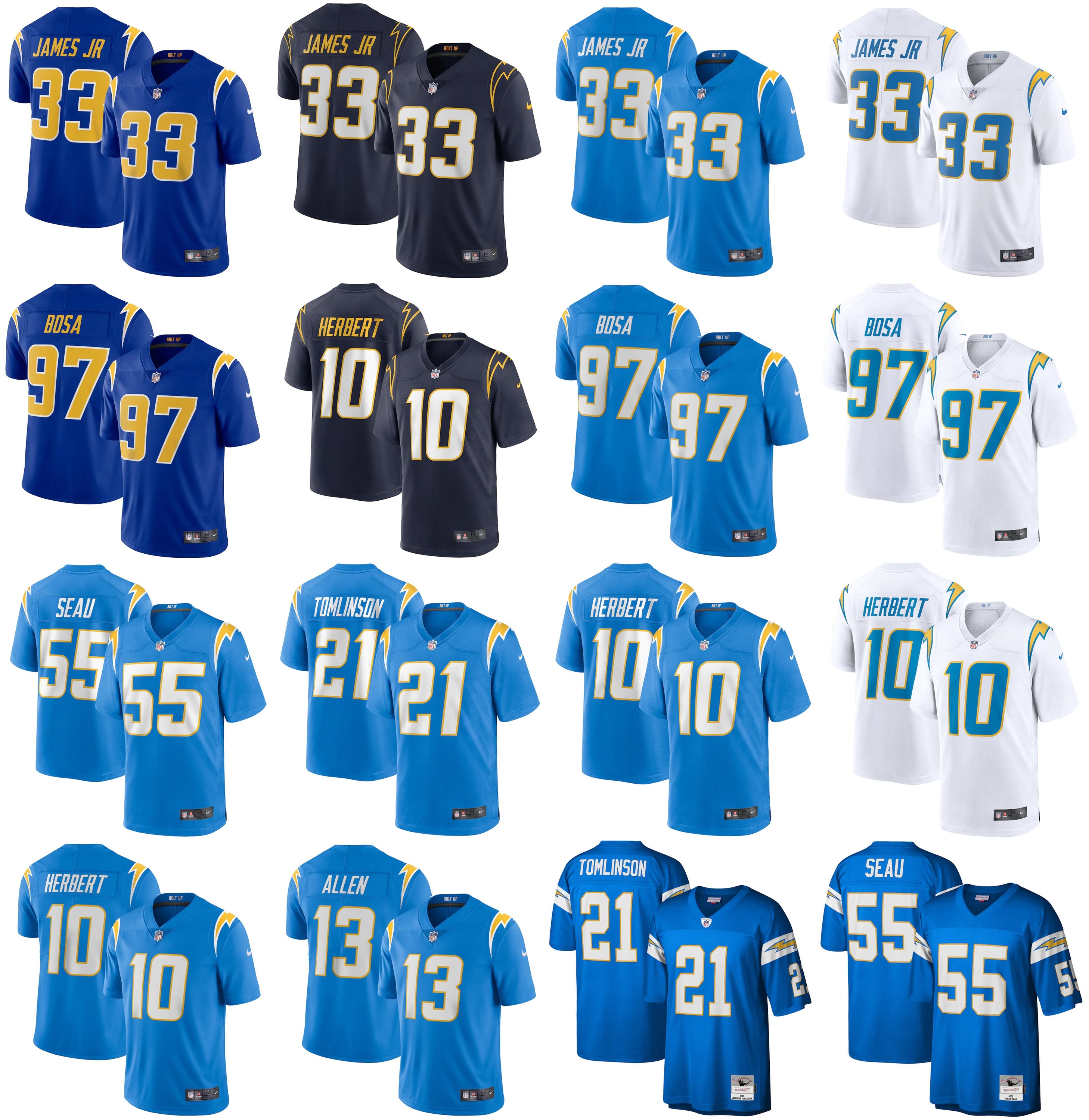 

2021 American Football Jerseys Los Angeles Chargers Jersey Justin 10 Herbert Derwin 33 James Joey 97 Bosa Junior 55 Seau LaDainian 21 Tomlinson Stitched Size S-XXXL, As photo