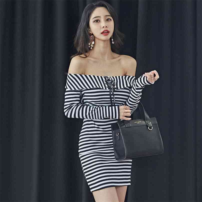 

off shoulder mini Dress korean ladies Sexy Summer Long Sleeve Office Party tight Dresses for women clothing 210602, Stripe
