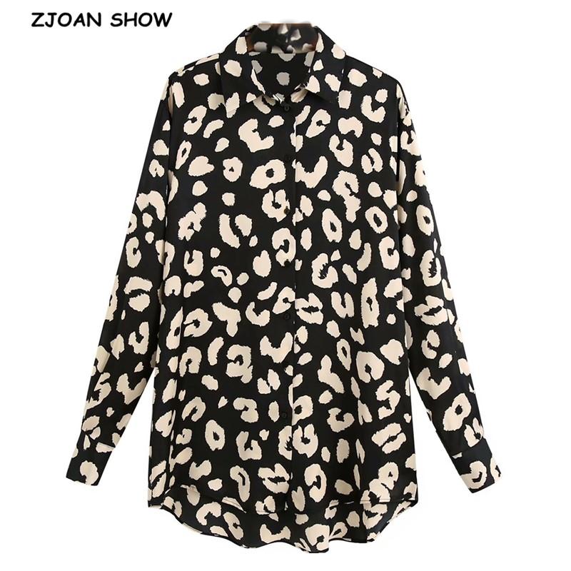 

Elegant Lapel Black Beige Leopard Print Mid Long Silk Shirt Retro 2021 Woman Sleeve OL Blouse Satin Tops Blousas Women's Blouses & Shirts