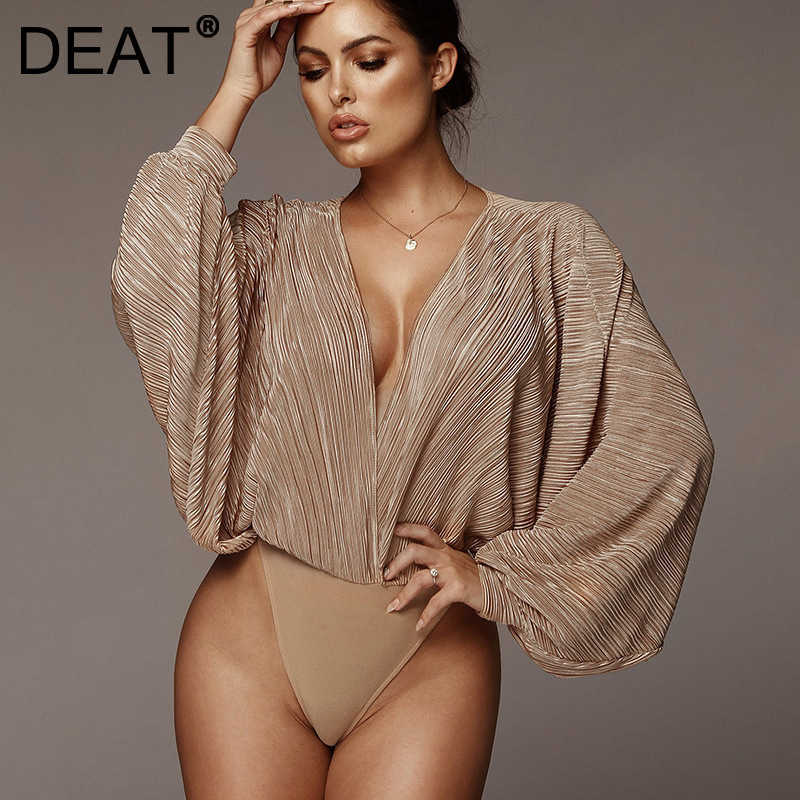 

DEAT Women Pleated Loose V-neck Long Sleeves Jumpsuit Solid Color Fashion Temperament Spring Summer 11D1328 210709, Gray