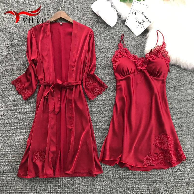 

Women's Sleepwear 2PCS Summer Autumn Spring Silk Elegant Sexy Women Pajamas Red Satin Nightdress Lingerie Robes Underwear, Black
