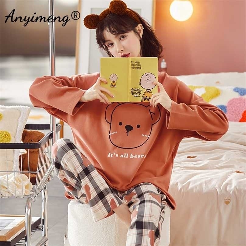 

Long Sleeved Women's Two Piece Big Size 3xl 4xl 5xl Cotton Loungewear Pullover Leisure Homewear Pajamas Autumn 211109, As shown