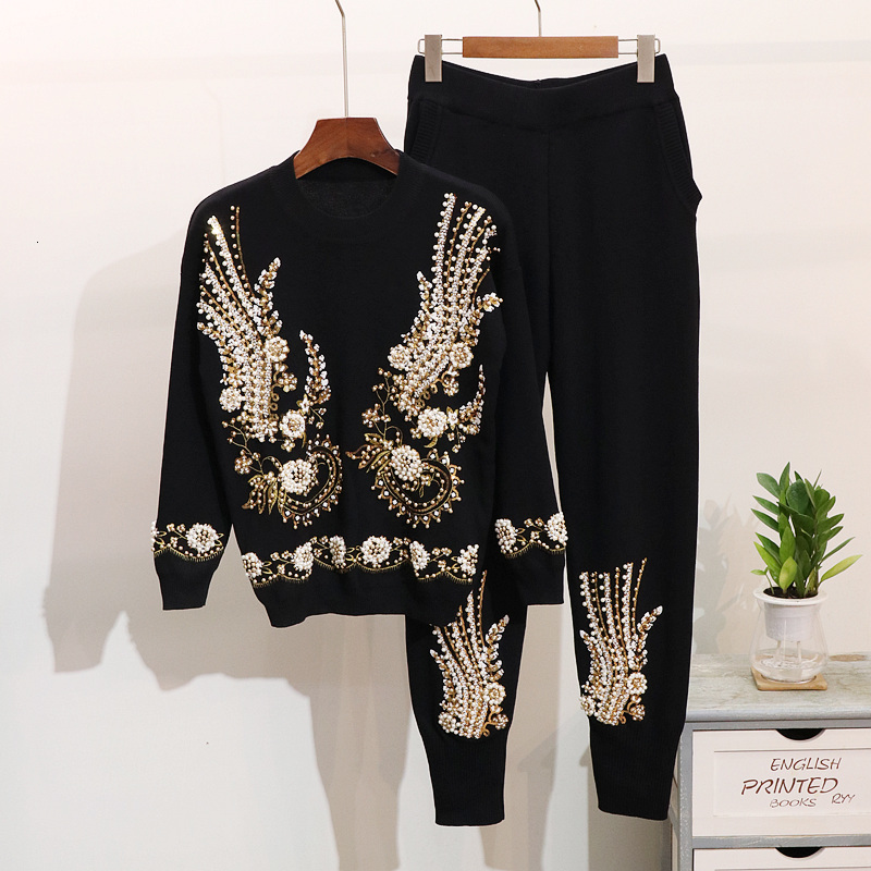

pant Fashion Knitted Set Women Beading Sequins Embroidery Sweater Pants Two Piece Outfits Female Loose Black Gray Knit Tracksuit 2pc